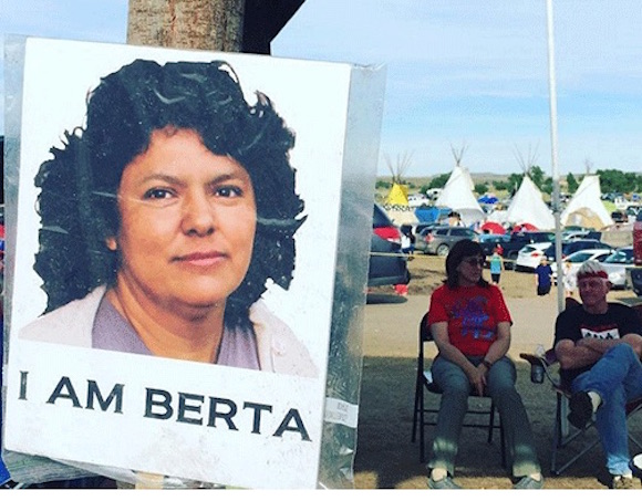 An image of slain environmentalist, Berta Caceres of Honduras, at the Sacred Stone encampment near the Standing Rock reservation. (Photo: Courtesy Indigenous Environmental Network)