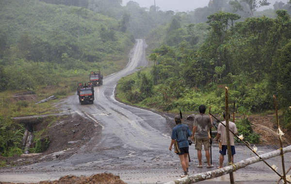 Penan armed with blowpipes block road as Shin Yang logging trucks approach, during a previous blockade. (Photo: Survival International)