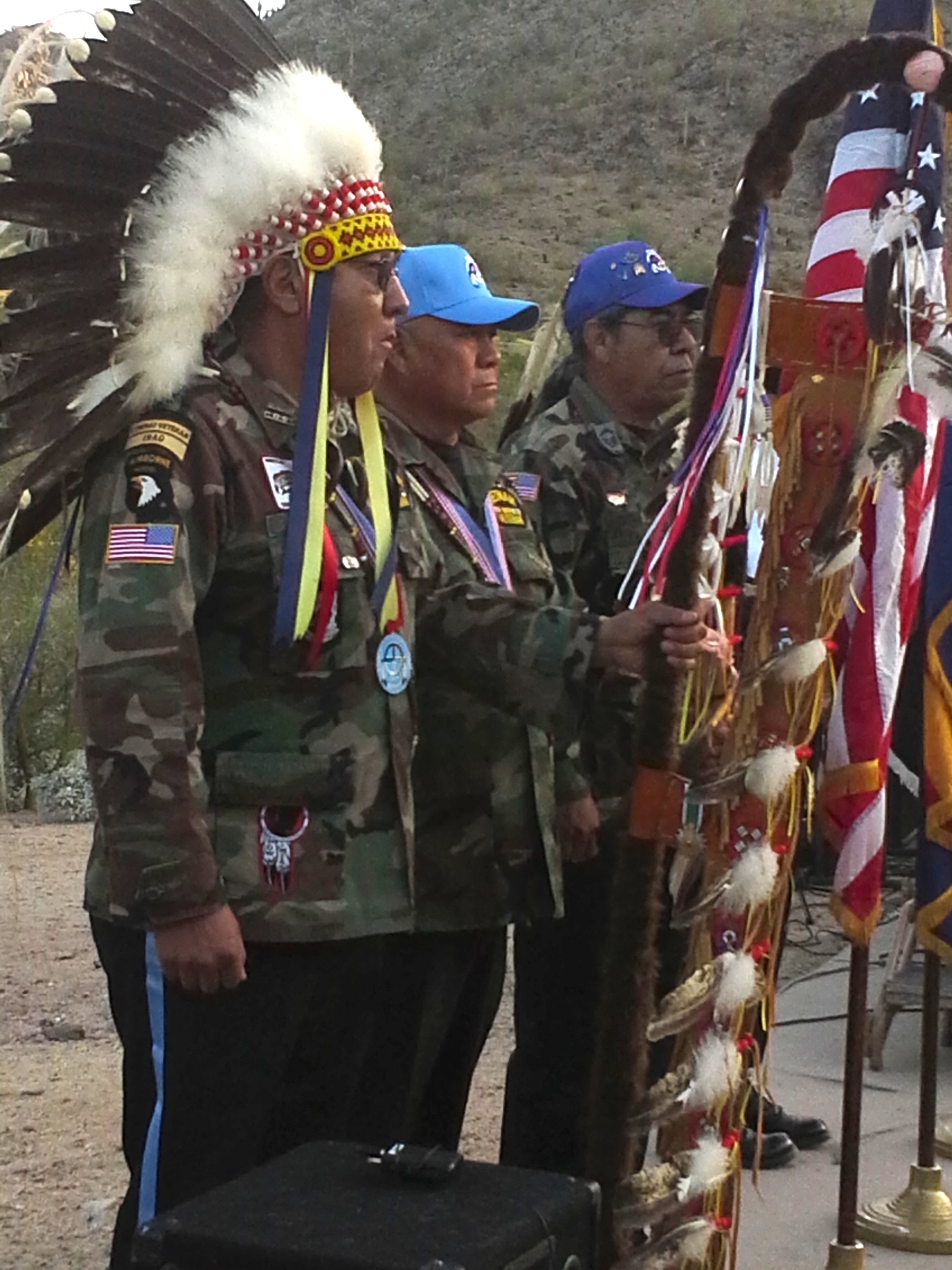 Veteran's Color Guard units from Arizona and as far away as Crow Agency, Montana participate in the presenting of the colors at the 10th Annual Lori Piestewa Sunrise Memorial event. (Mary Kim Titla)